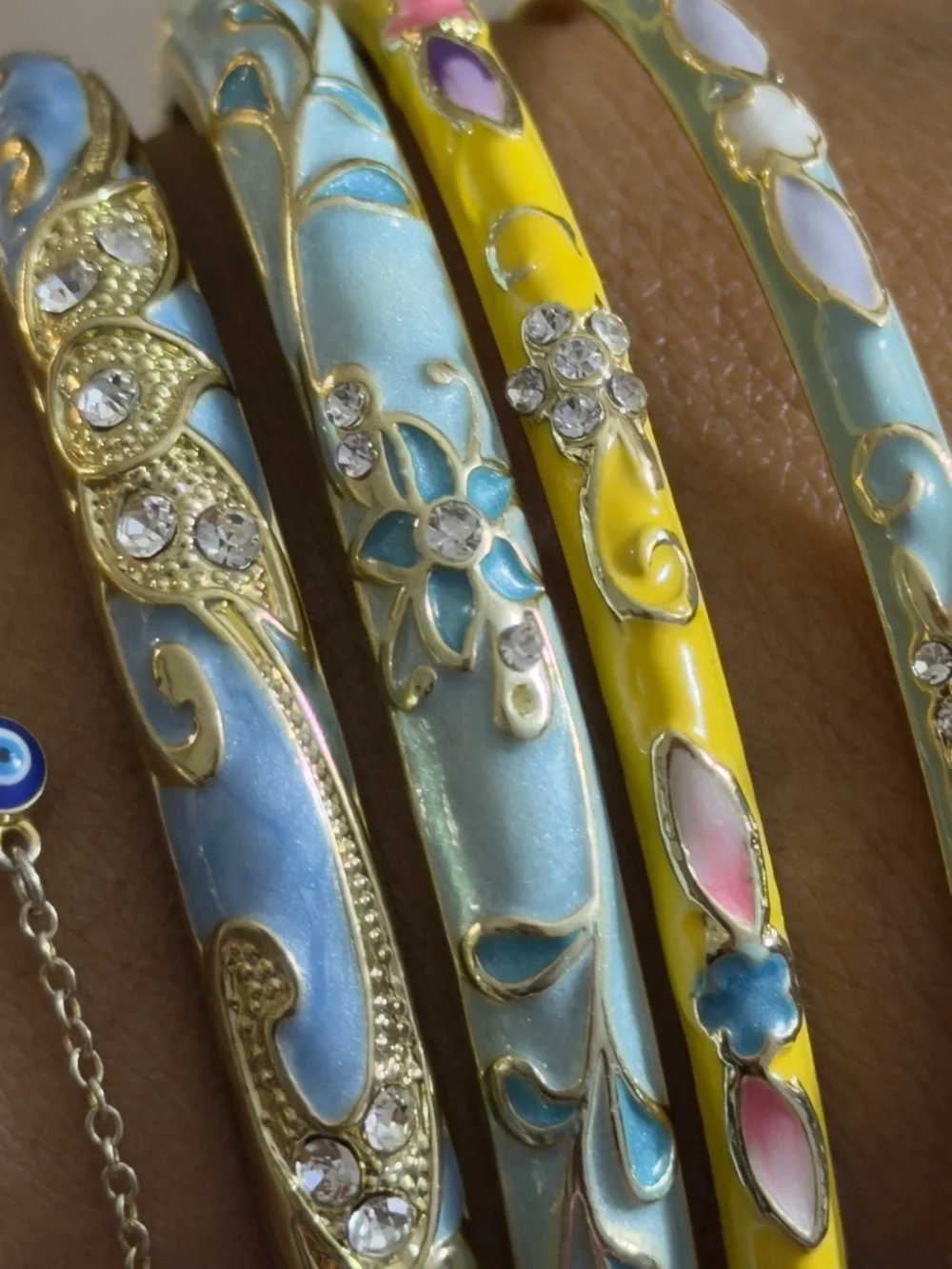 Gold-Tone Pastel Enamel Floral 4 Bangle Set - Yellow & Light Blue